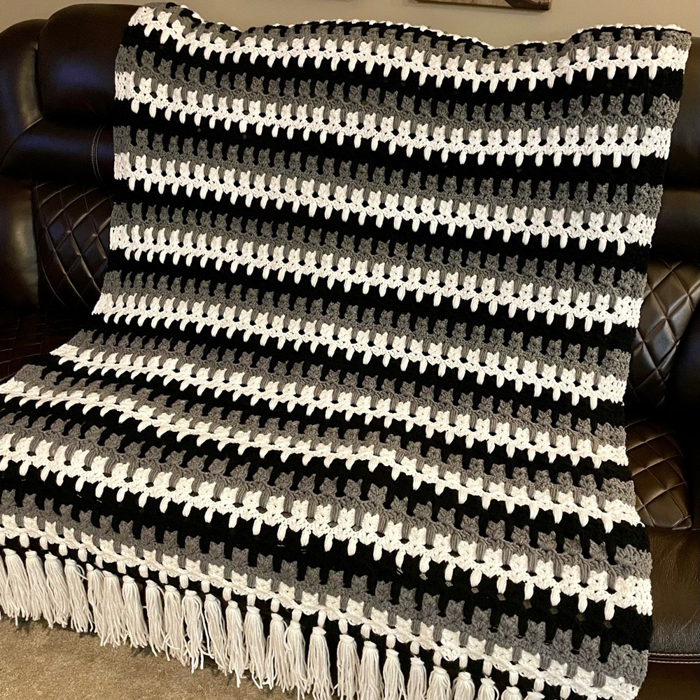Handmade Crochet Blanket in Black, Gray, and White